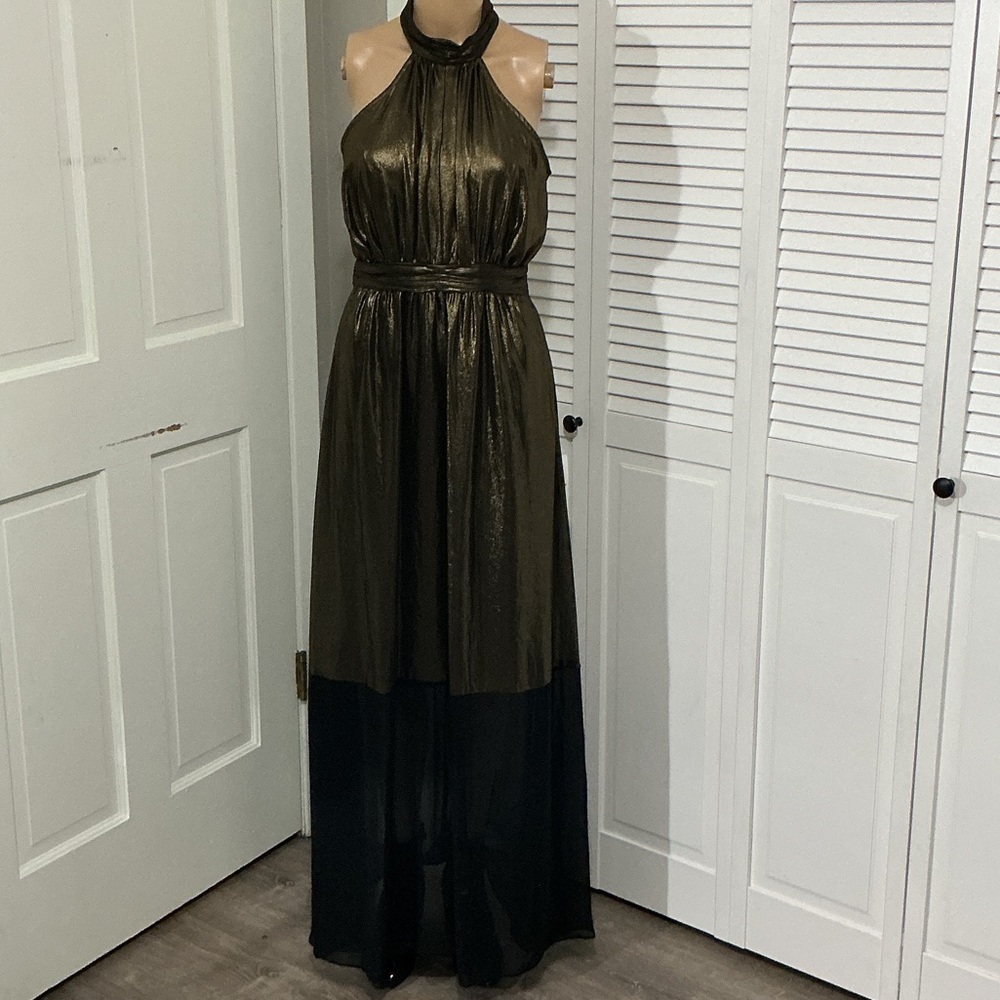 BCBGeneration Metallic Olive Green Halter Maxi Dress with Black Sheer Hem